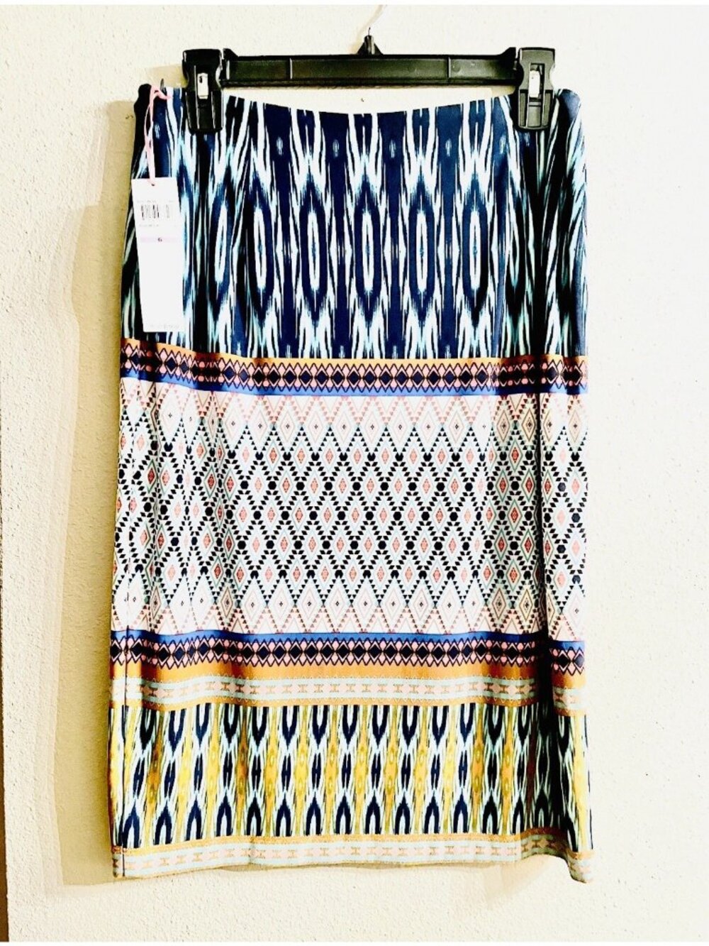 NOS Vtg 90s Kelly & Diane Slinky Knit Pencil Skirt Ikat Tribal Midi NWT Sz 6